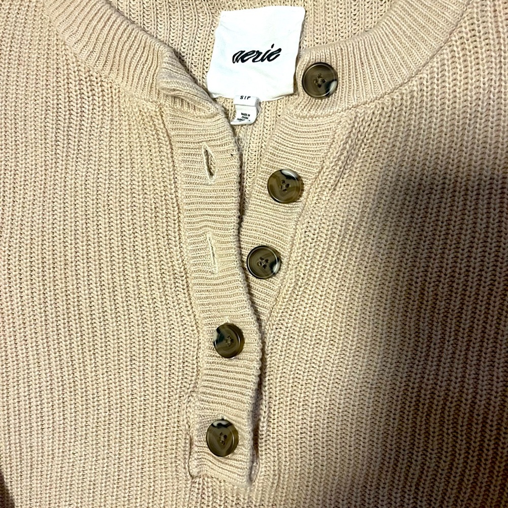 Aerie knit beige and brown button sweater